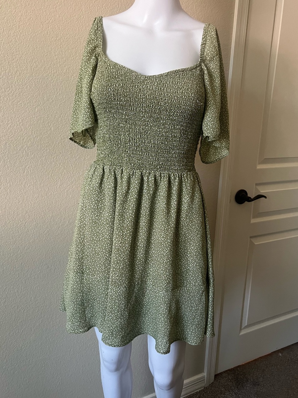 Abercrombie & Fitch Sage Green Smocked Flutter Sleeve Mini Dress